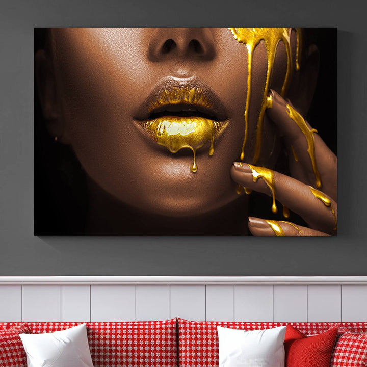 African American Art Black Woman Canvas Print, African Wall Art, Fashion African Woman Gold Lips Luxury Wall Decor, Black Gold Large Canvas Art