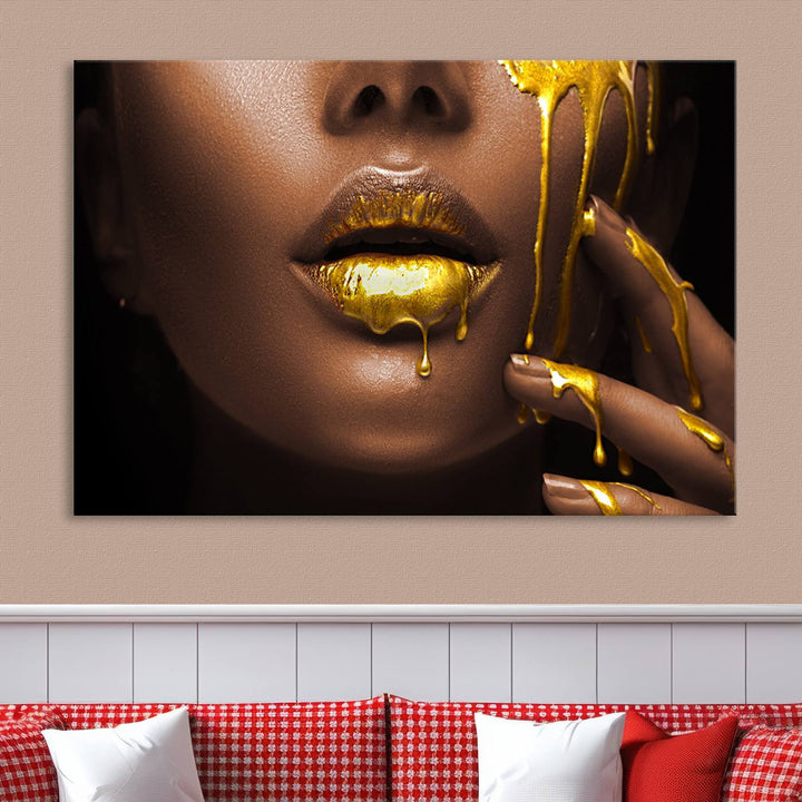 African American Art Black Woman Canvas Print, African Wall Art, Fashion African Woman Gold Lips Luxury Wall Decor, Black Gold Large Canvas Art