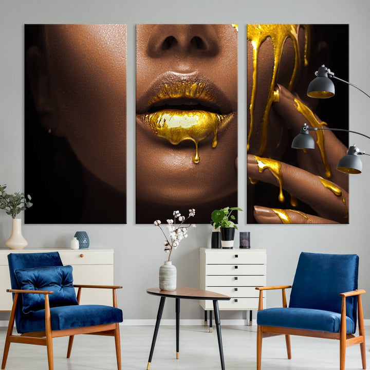 African American Art Black Woman Canvas Print, African Wall Art, Fashion African Woman Gold Lips Luxury Wall Decor, Black Gold Large Canvas Art