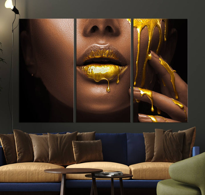 African American Art Black Woman Canvas Print, African Wall Art, Fashion African Woman Gold Lips Luxury Wall Decor, Black Gold Large Canvas Art