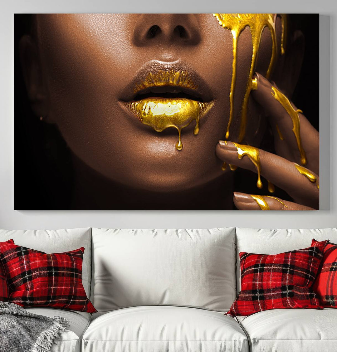 African American Art Black Woman Canvas Print, African Wall Art, Fashion African Woman Gold Lips Luxury Wall Decor, Black Gold Large Canvas Art