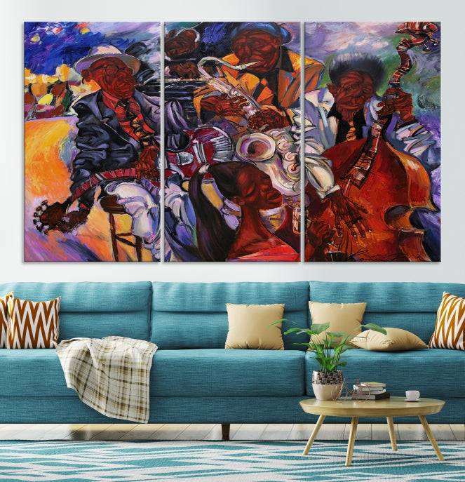 African American Jazz Mucisian Orchestra Abstract Painting on Giclee Canvas Wall Art Print