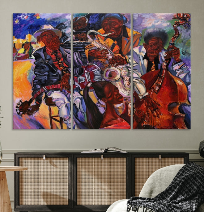 African American Jazz Mucisian Orchestra Abstract Painting on Giclee Canvas Wall Art Print