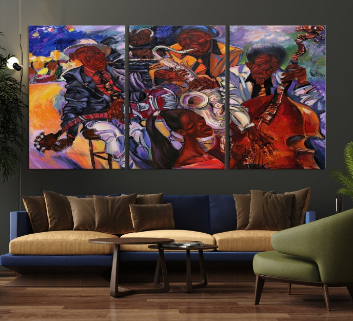 African American Jazz Mucisian Orchestra Abstract Painting on Giclee Canvas Wall Art Print