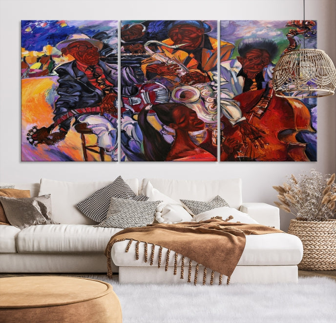 African American Jazz Mucisian Orchestra Abstract Painting on Giclee Canvas Wall Art Print