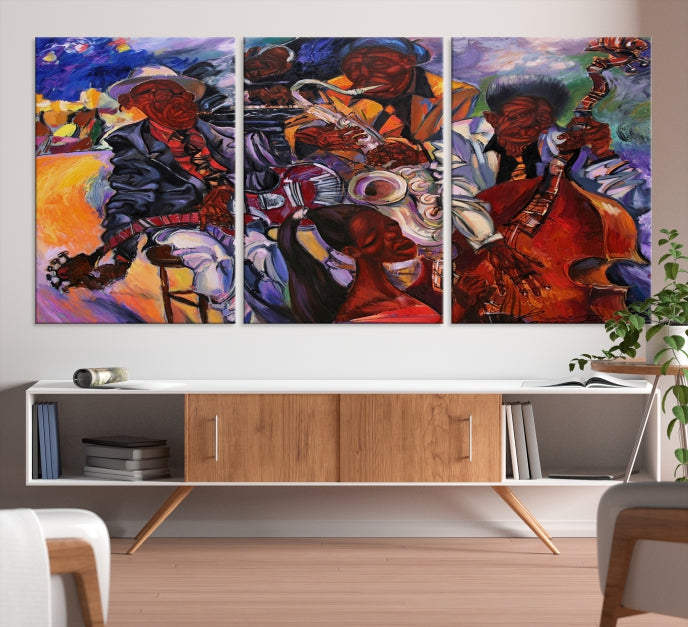 African American Jazz Mucisian Orchestra Abstract Painting on Giclee Canvas Wall Art Print