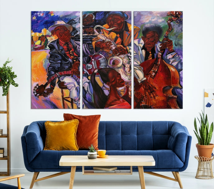 African American Jazz Mucisian Orchestra Abstract Painting on Giclee Canvas Wall Art Print