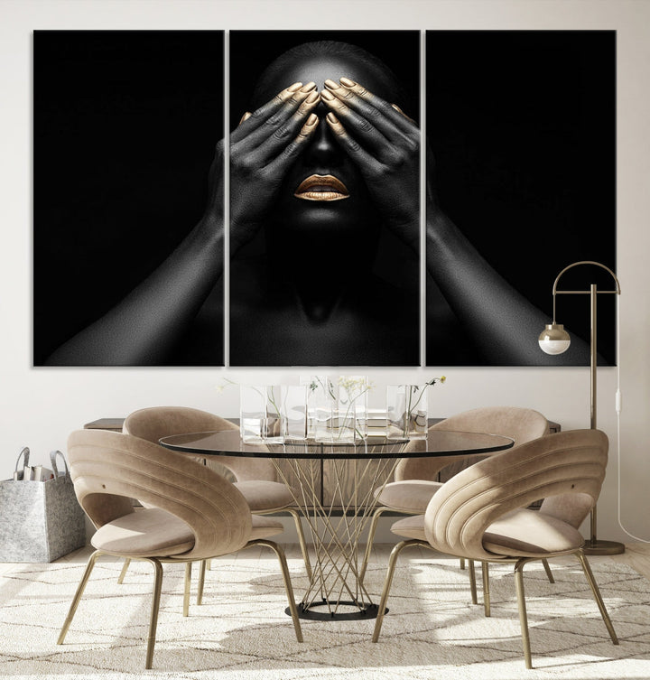 African American Makeup Canvas Wall Art Gold Lips Woman Artwork