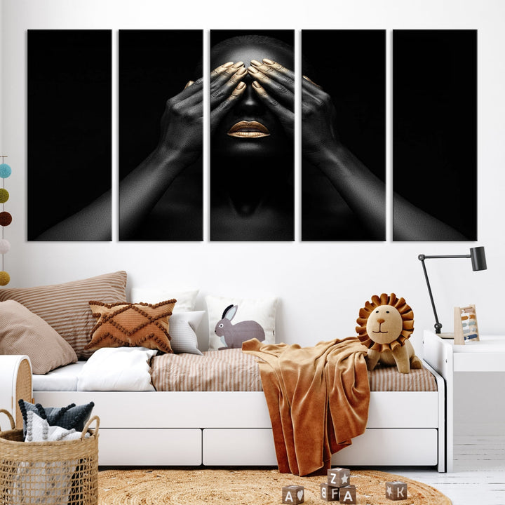 African American Makeup Canvas Wall Art Gold Lips Woman Artwork