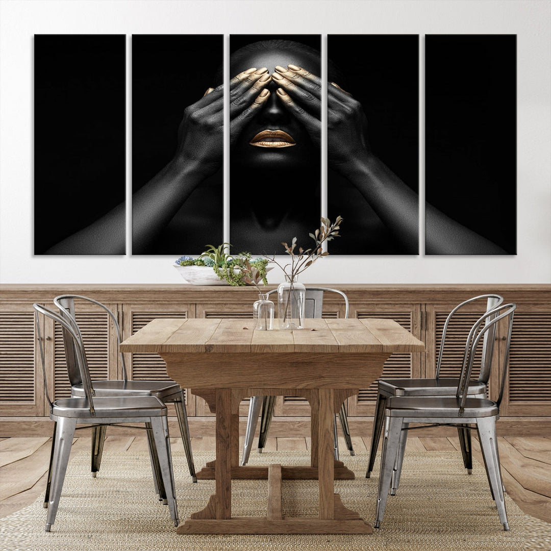 African American Makeup Canvas Wall Art Gold Lips Woman Artwork