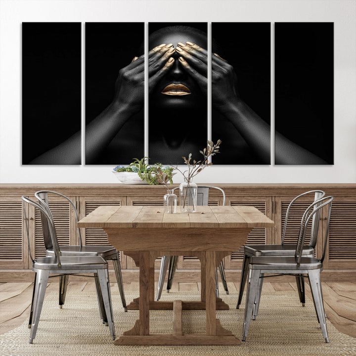 African American Makeup Canvas Wall Art Gold Lips Woman Artwork