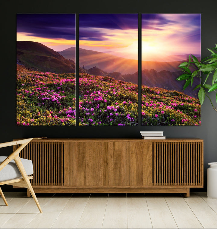 Alluring Spring Mountain with Flowers Sunset Landscape Canvas Wall Art Print