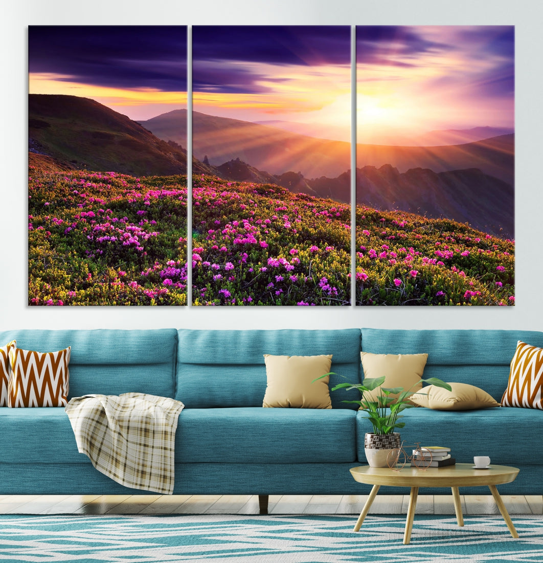 Alluring Spring Mountain with Flowers Sunset Landscape Canvas Wall Art Print