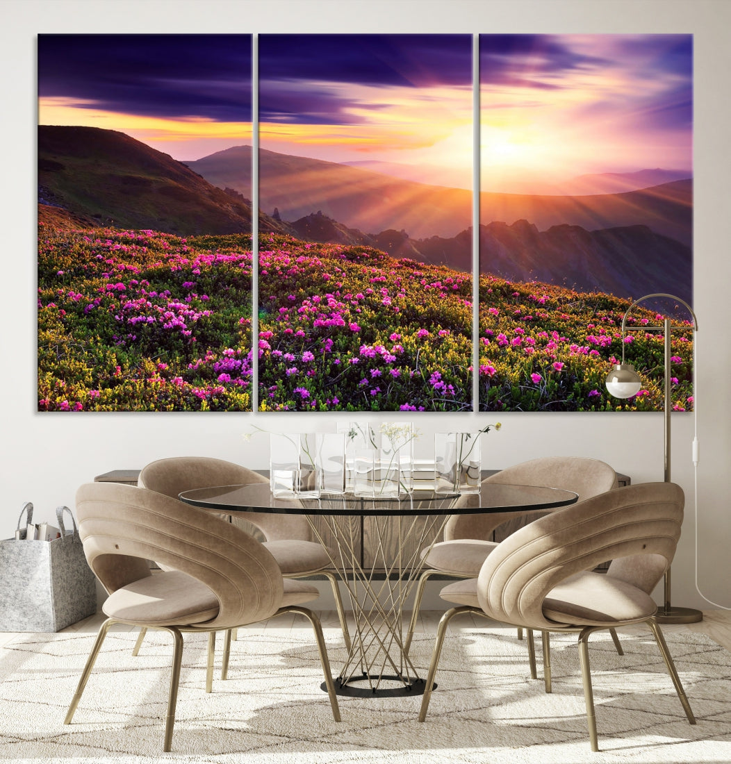 Alluring Spring Mountain with Flowers Sunset Landscape Canvas Wall Art Print