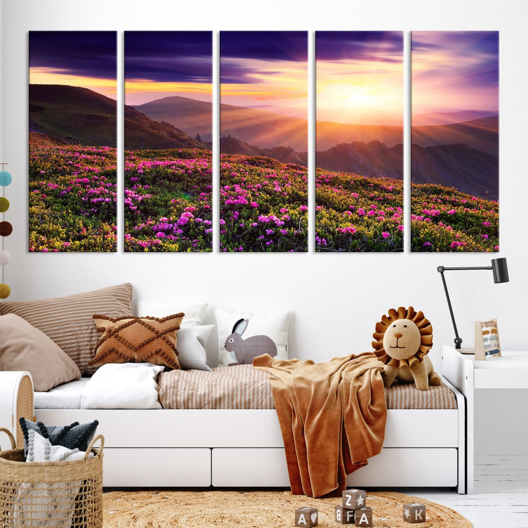 Alluring Spring Mountain with Flowers Sunset Landscape Canvas Wall Art Print