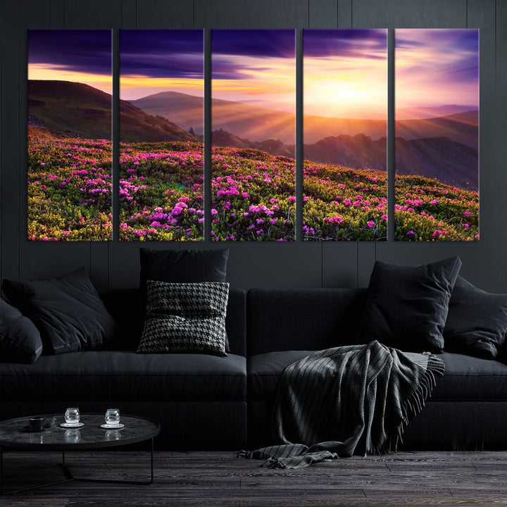 Alluring Spring Mountain with Flowers Sunset Landscape Canvas Wall Art Print