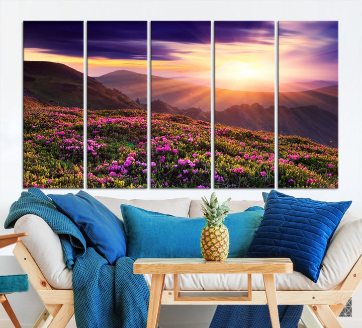 Alluring Spring Mountain with Flowers Sunset Landscape Canvas Wall Art Print