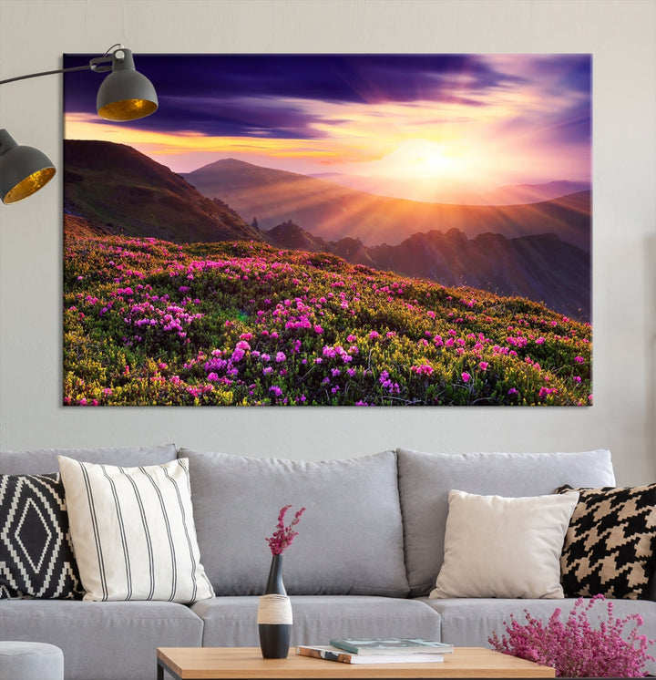 Alluring Spring Mountain with Flowers Sunset Landscape Canvas Wall Art Print