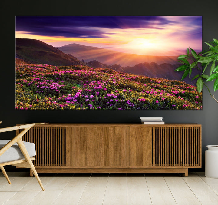 Alluring Spring Mountain with Flowers Sunset Landscape Canvas Wall Art Print