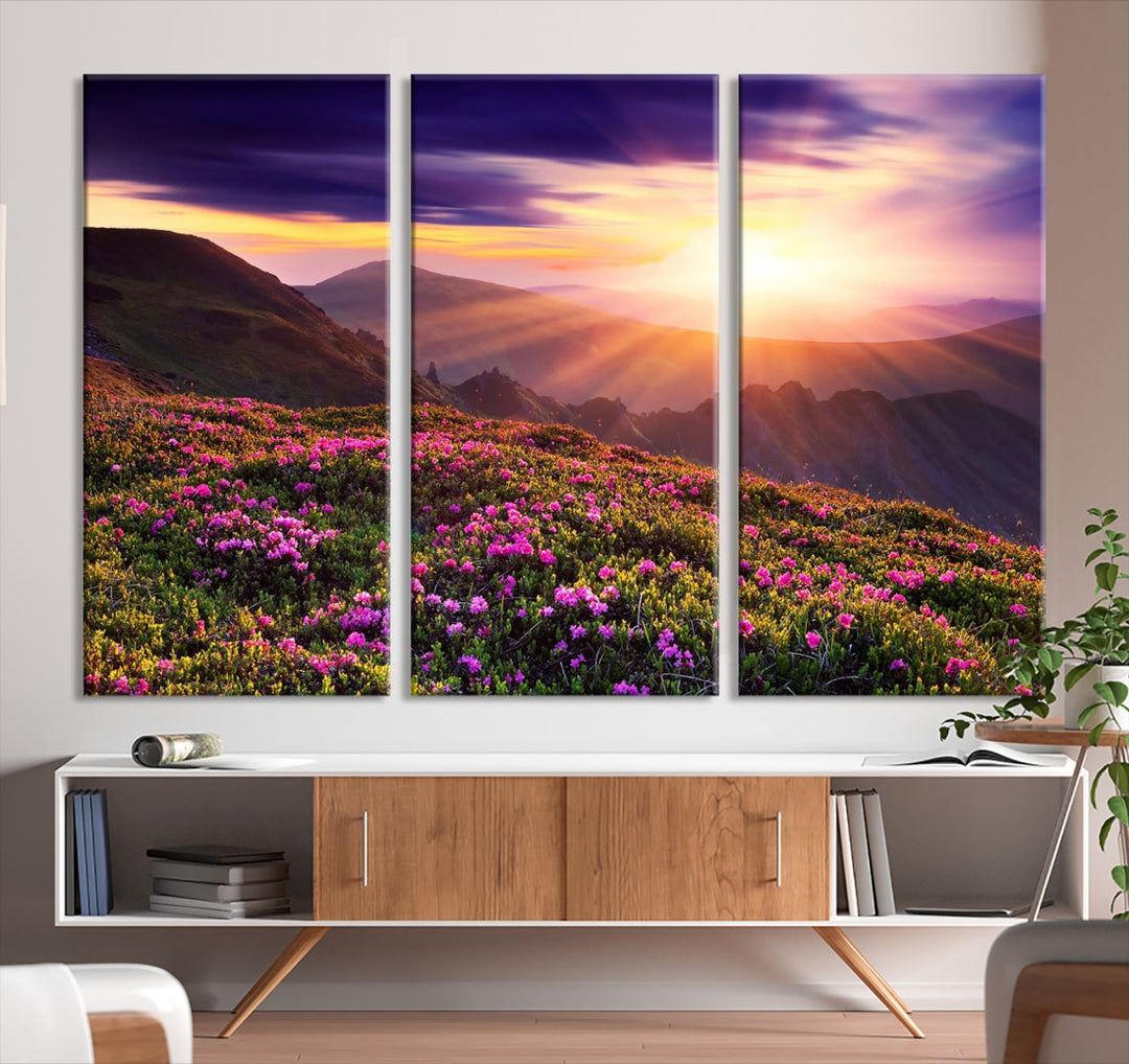 Alluring Spring Mountain with Flowers Sunset Landscape Canvas Wall Art Print