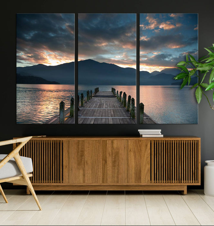 Amazing Sunset from Wooden Pier Canvas Print Relaxing Wall Art Large Living Room Wall Decor