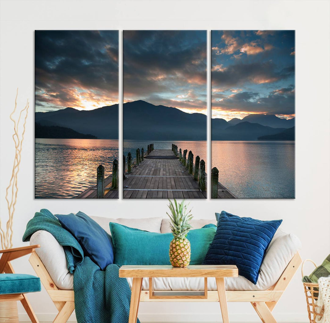 Amazing Sunset from Wooden Pier Canvas Print Relaxing Wall Art Large Living Room Wall Decor