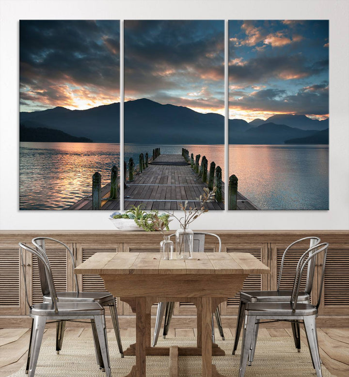 Amazing Sunset from Wooden Pier Canvas Print Relaxing Wall Art Large Living Room Wall Decor