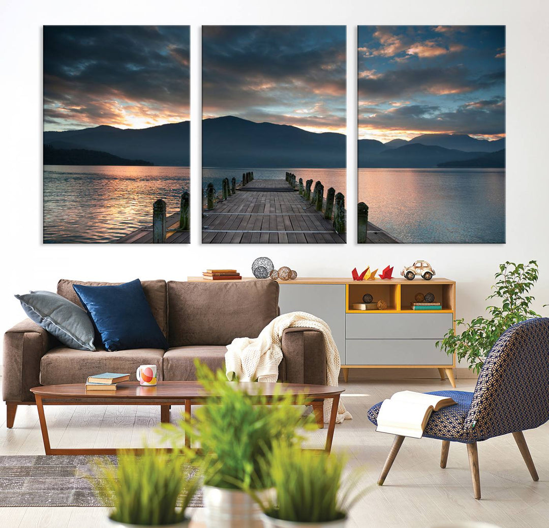 Amazing Sunset from Wooden Pier Canvas Print Relaxing Wall Art Large Living Room Wall Decor