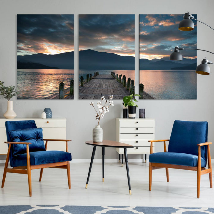 Amazing Sunset from Wooden Pier Canvas Print Relaxing Wall Art Large Living Room Wall Decor