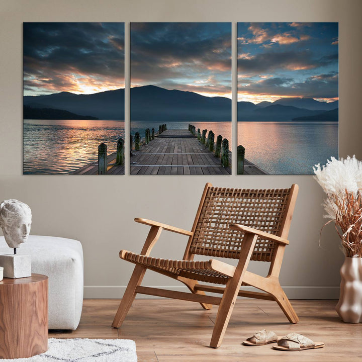 Amazing Sunset from Wooden Pier Canvas Print Relaxing Wall Art Large Living Room Wall Decor