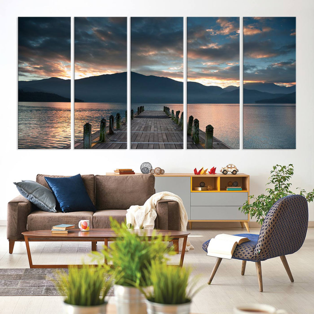 Amazing Sunset from Wooden Pier Canvas Print Relaxing Wall Art Large Living Room Wall Decor