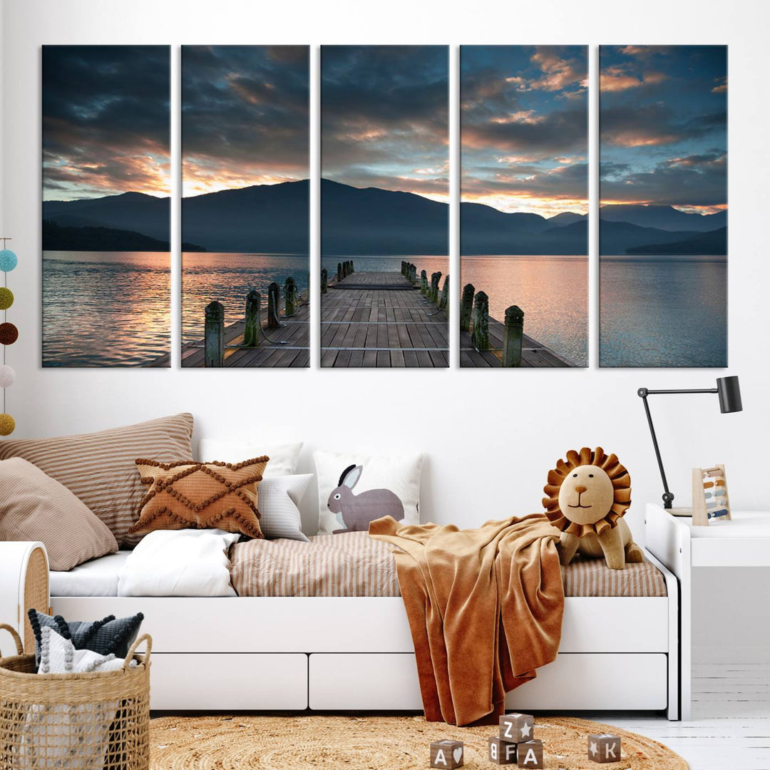 Amazing Sunset from Wooden Pier Canvas Print Relaxing Wall Art Large Living Room Wall Decor