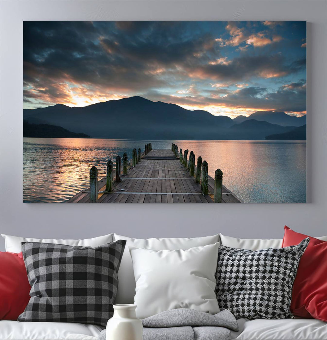 Amazing Sunset from Wooden Pier Canvas Print Relaxing Wall Art Large Living Room Wall Decor