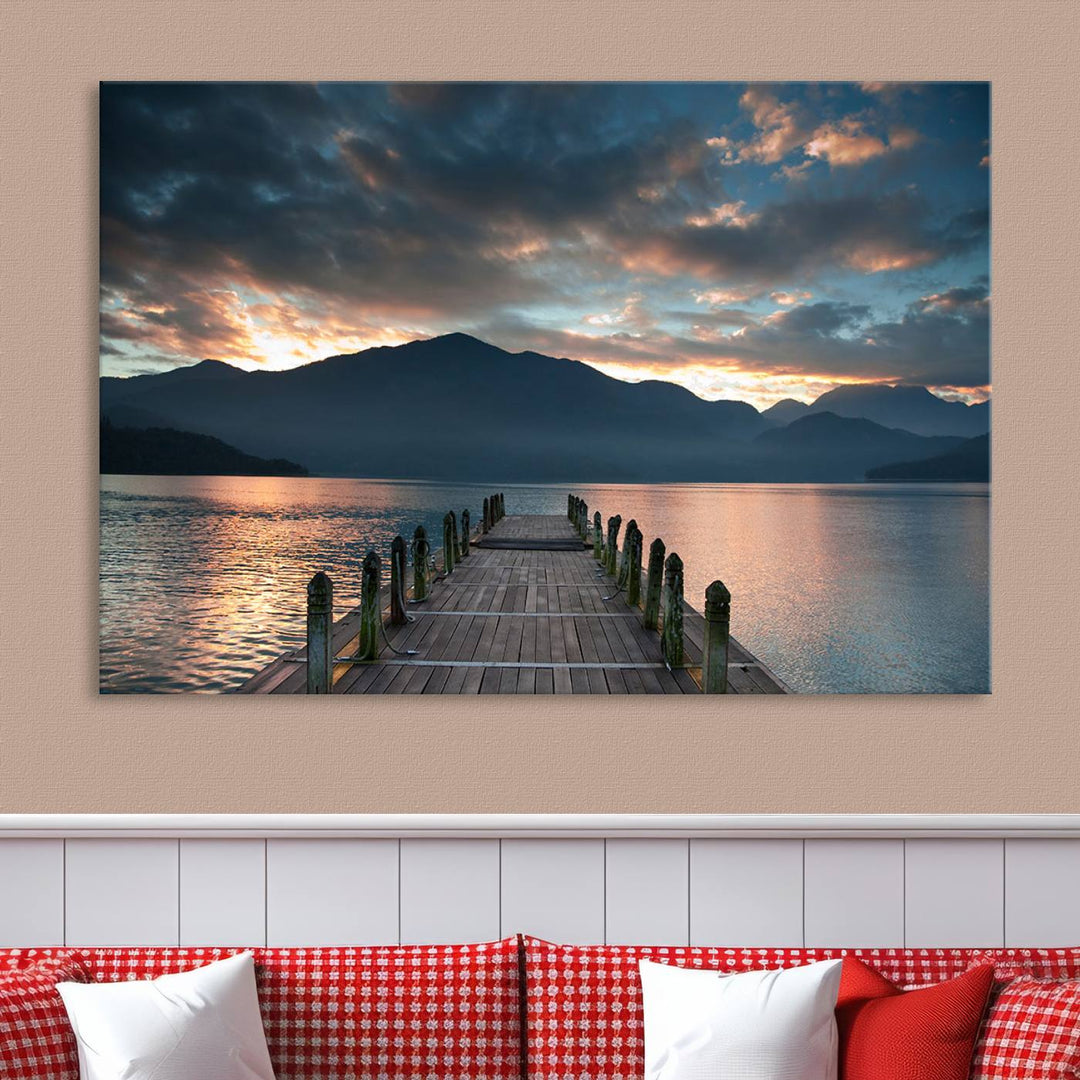 Amazing Sunset from Wooden Pier Canvas Print Relaxing Wall Art Large Living Room Wall Decor