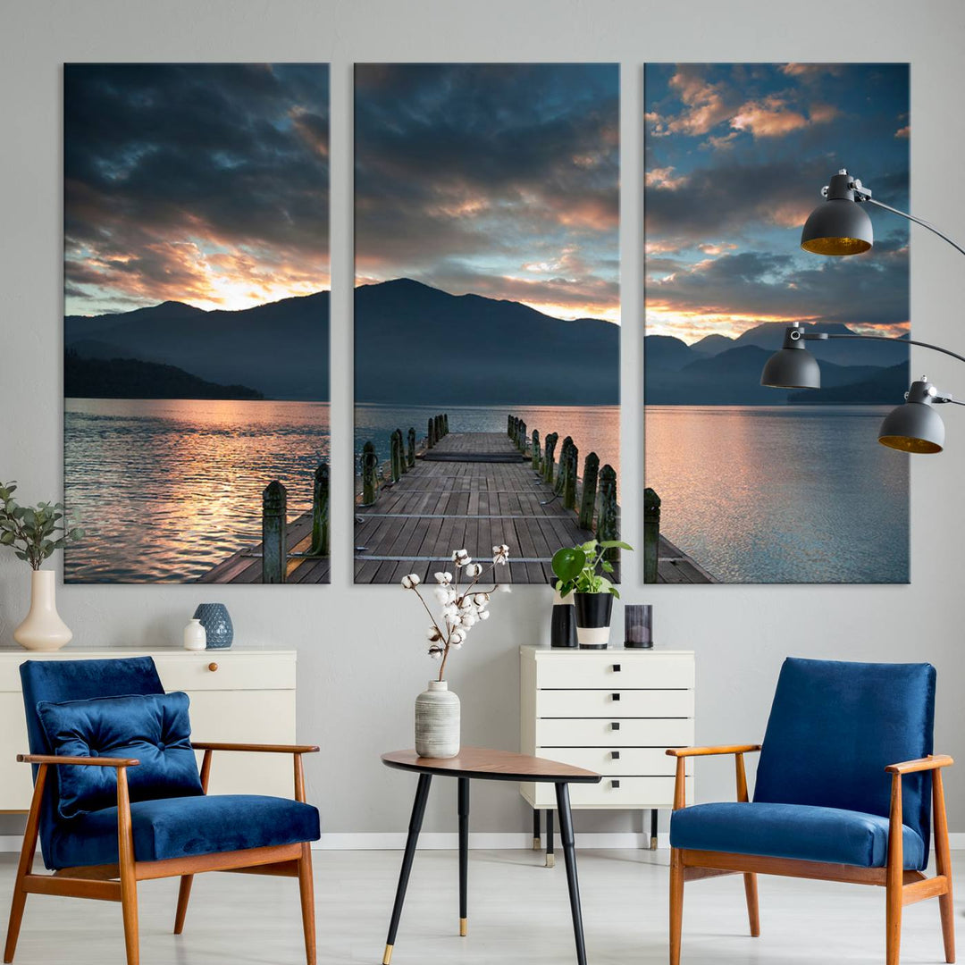 Amazing Sunset from Wooden Pier Canvas Print Relaxing Wall Art Large Living Room Wall Decor