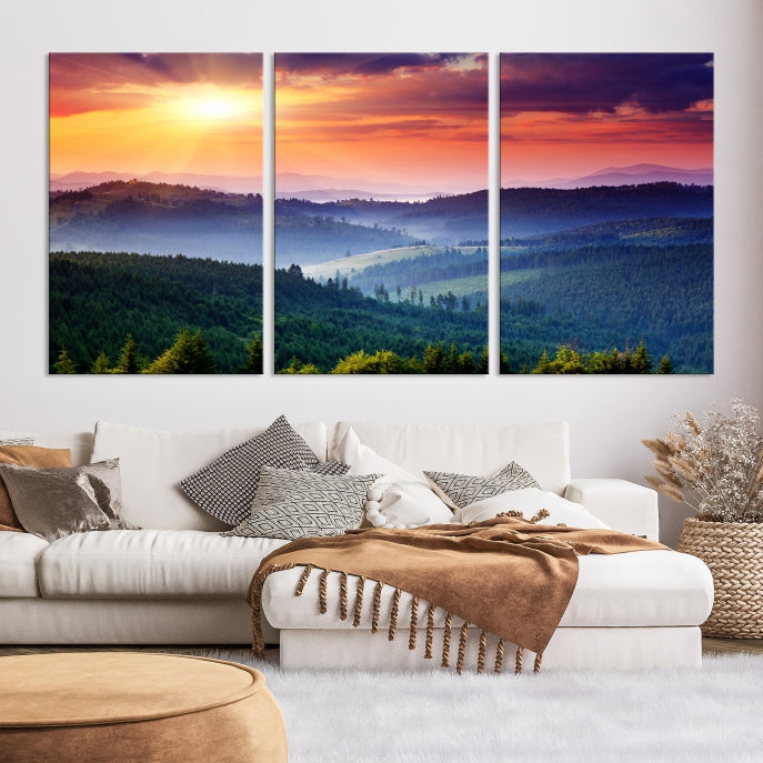 Amazing Sunset over Hills Mountain Landscape Canvas Wall Art Print Home Gift