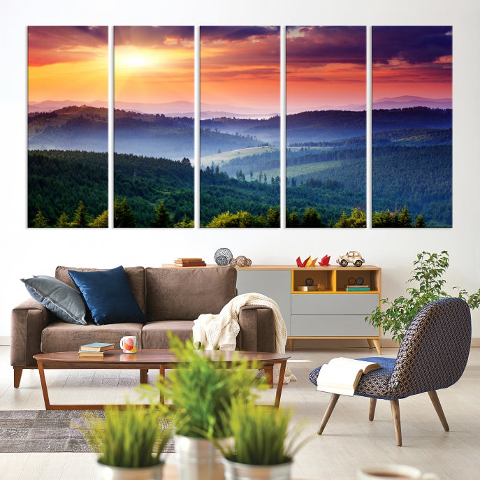 Amazing Sunset over Hills Mountain Landscape Canvas Wall Art Print Home Gift