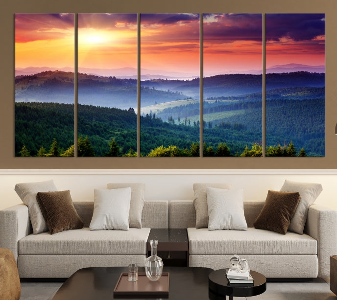 Amazing Sunset over Hills Mountain Landscape Canvas Wall Art Print Home Gift