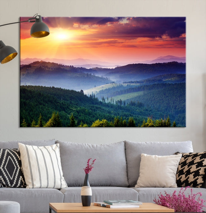 Amazing Sunset over Hills Mountain Landscape Canvas Wall Art Print Home Gift