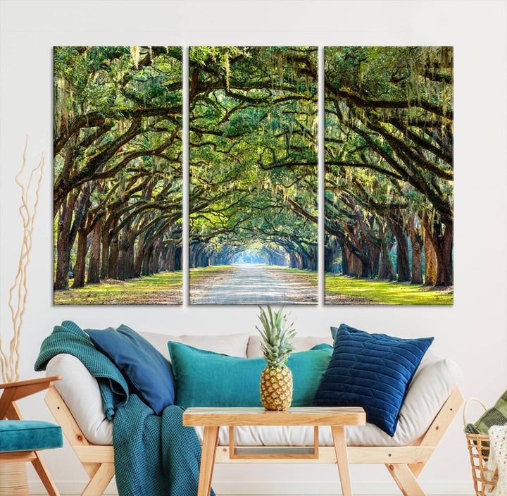 Angel Oak Tree Pathway Canvas Wall Art - 3 Panel Scenic Tree-Lined Road for Living Room, Office, or Bedroom, Ready to Hang Nature-Inspired Decor