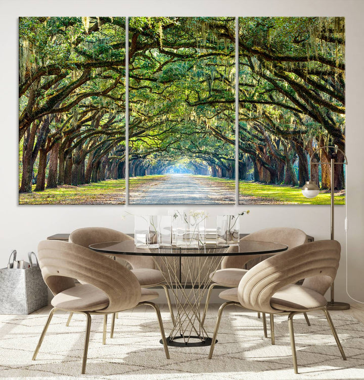 Angel Oak Tree Pathway Canvas Wall Art - 3 Panel Scenic Tree-Lined Road for Living Room, Office, or Bedroom, Ready to Hang Nature-Inspired Decor