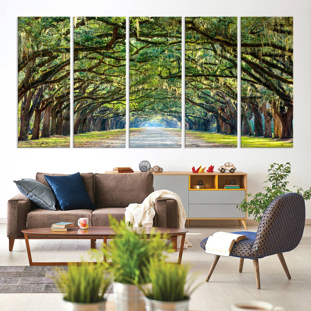 Angel Oak Tree Pathway Canvas Wall Art - 3 Panel Scenic Tree-Lined Road for Living Room, Office, or Bedroom, Ready to Hang Nature-Inspired Decor