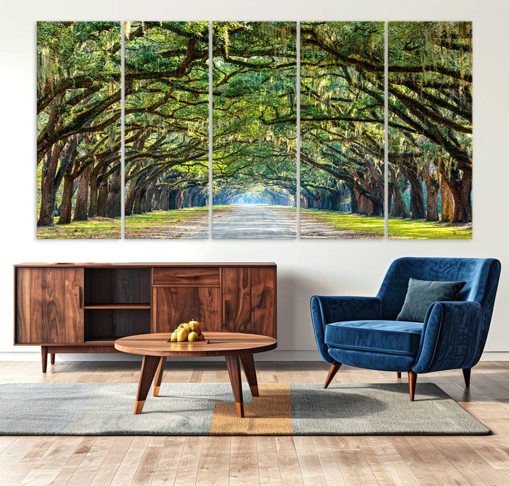 Angel Oak Tree Pathway Canvas Wall Art - 3 Panel Scenic Tree-Lined Road for Living Room, Office, or Bedroom, Ready to Hang Nature-Inspired Decor