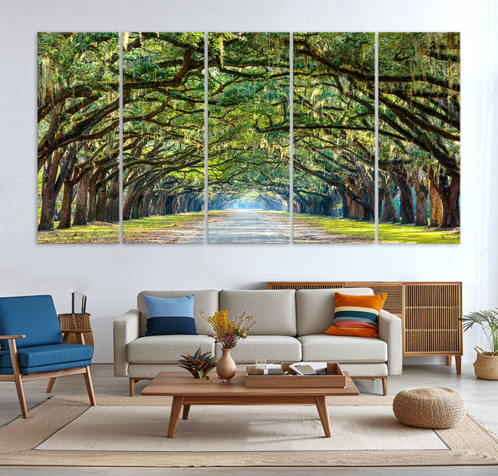 Angel Oak Tree Pathway Canvas Wall Art - 3 Panel Scenic Tree-Lined Road for Living Room, Office, or Bedroom, Ready to Hang Nature-Inspired Decor