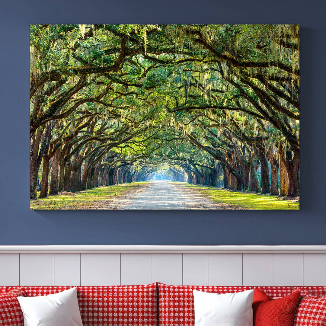 Angel Oak Tree Pathway Canvas Wall Art - 3 Panel Scenic Tree-Lined Road for Living Room, Office, or Bedroom, Ready to Hang Nature-Inspired Decor