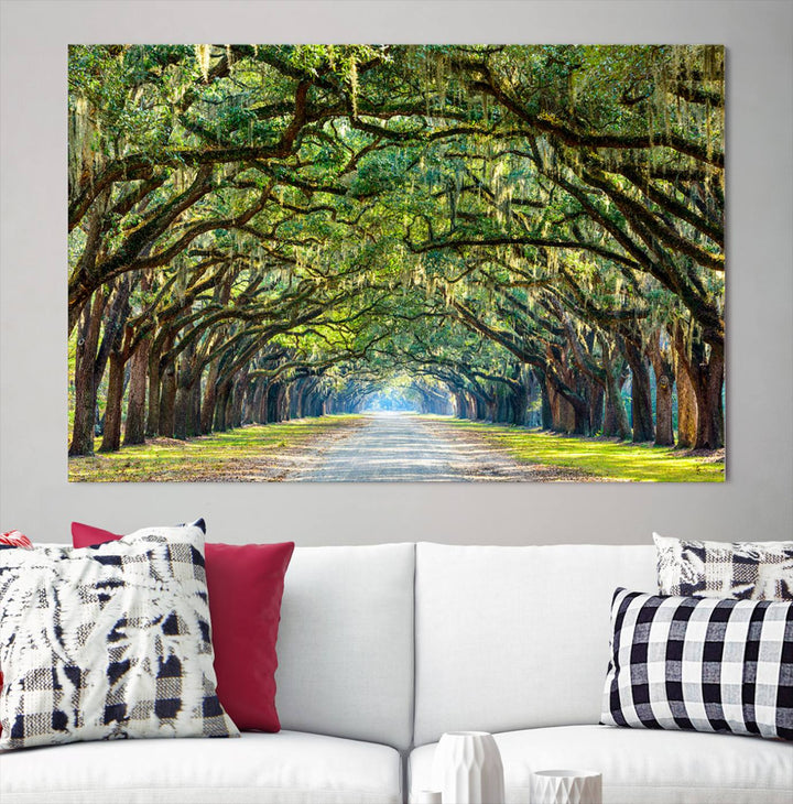 Angel Oak Tree Pathway Canvas Wall Art - 3 Panel Scenic Tree-Lined Road for Living Room, Office, or Bedroom, Ready to Hang Nature-Inspired Decor