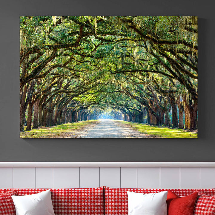 Angel Oak Tree Pathway Canvas Wall Art - 3 Panel Scenic Tree-Lined Road for Living Room, Office, or Bedroom, Ready to Hang Nature-Inspired Decor