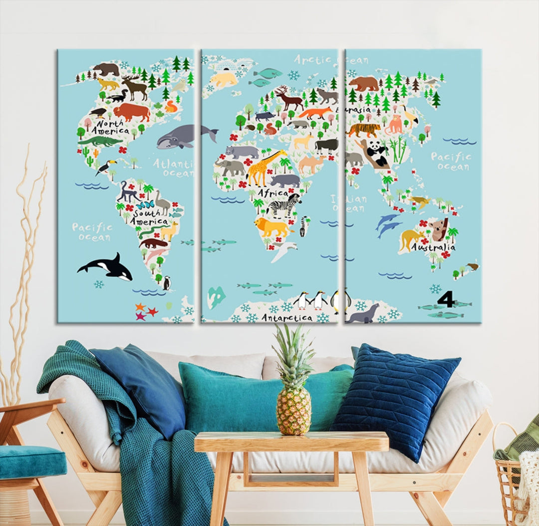 Animal Illustration World Map Canvas Print Framed Large Wall Art for School or Classroom