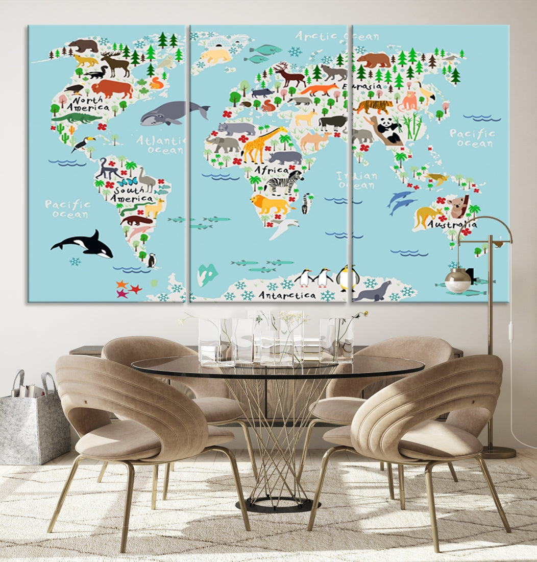 Animal Illustration World Map Canvas Print Framed Large Wall Art for School or Classroom