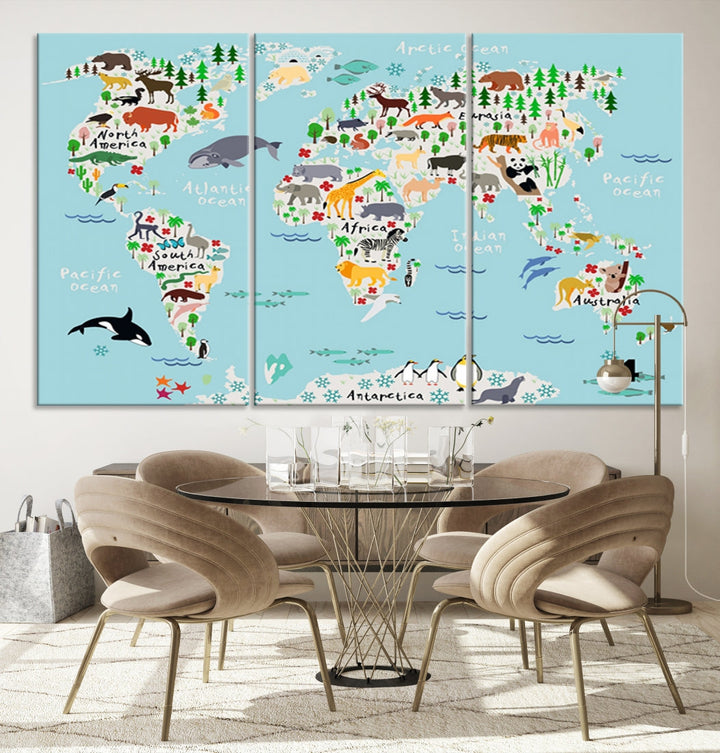 Animal Illustration World Map Canvas Print Framed Large Wall Art for School or Classroom